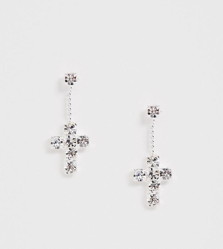 Asos Design Sterling Silver Earrings With Mini Crystal Cross Drop