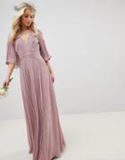 Asos Design Bridesmaid Pleated Paneled Flutter Sleeve Maxi Dress With Lace Inserts - Pink