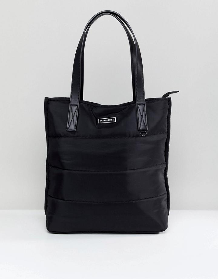 Consigned Quilted Lightweight Nylon Tote Bag - Black
