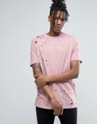 Asos Longline T-shirt In Textured Fabric With Distressing - Pink