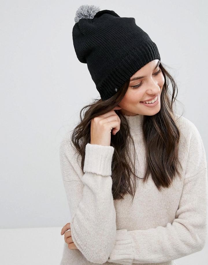 Plush Fleece Lined Pom Pom Beanie In Black With Heather Gray Pom - Black