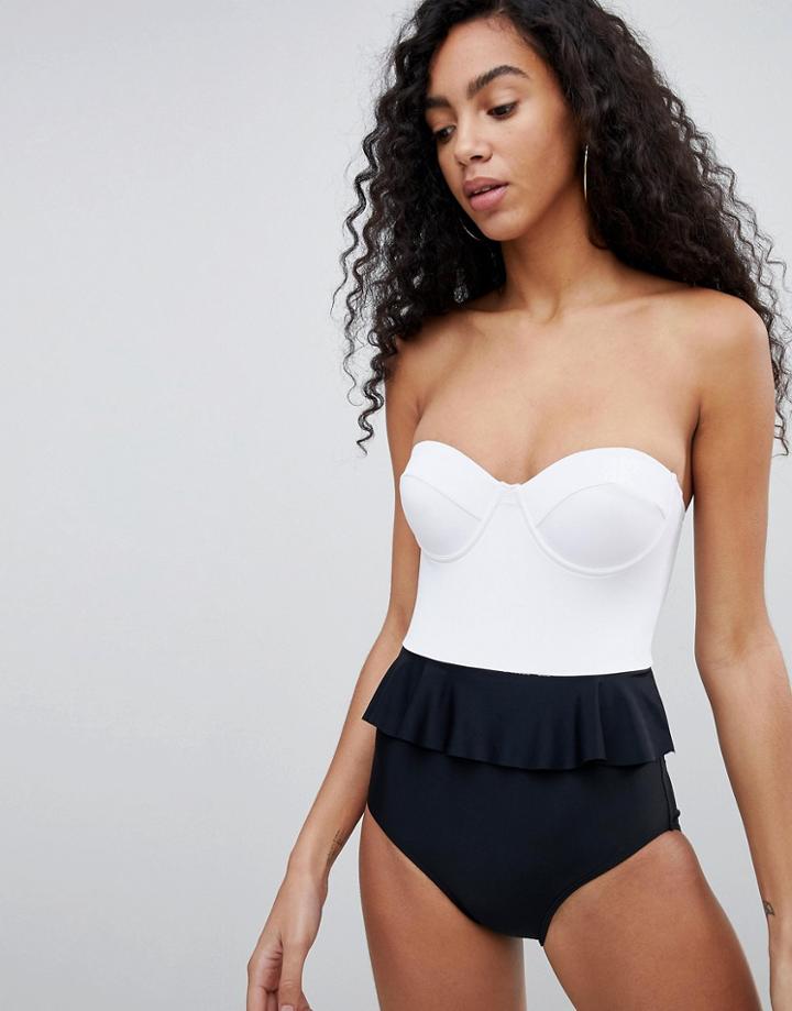 Amy Lynn Frill Waist Strapless Cupped Swimsuit - White