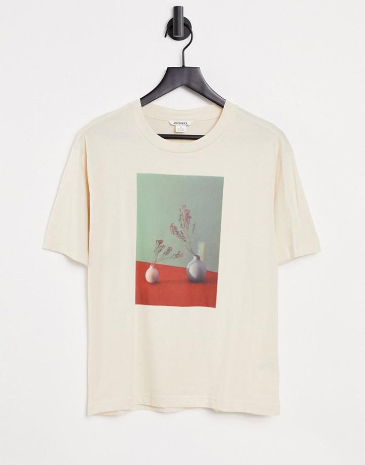 Monki Tovi Organic Cotton Vase Print T-shirt In Off White-blues