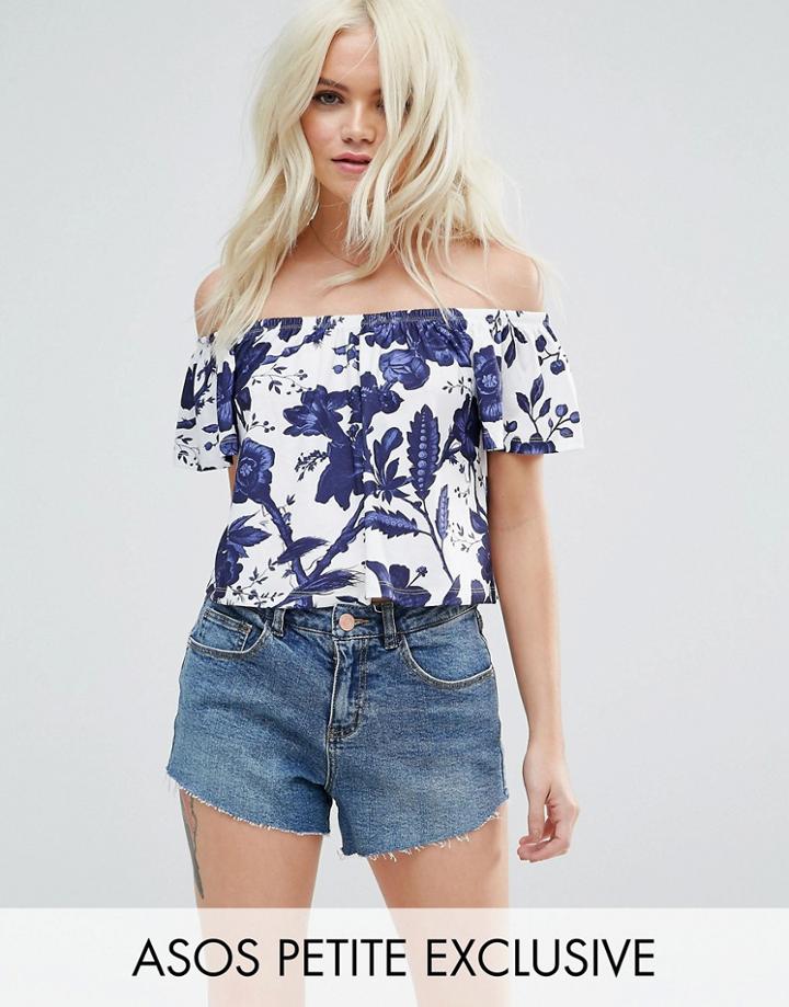 Asos Petite Blue Floral Print Off Shoulder Top - Multi