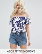 Asos Petite Blue Floral Print Off Shoulder Top - Multi