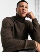 Soul Star Muscle Fit Ribbed Roll Neck Sweater In Brown