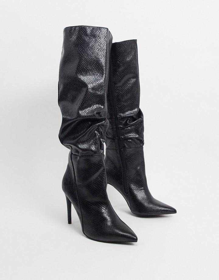 London Rebel Pointed Knee High Boots In Black Snake