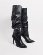 London Rebel Pointed Knee High Boots In Black Snake