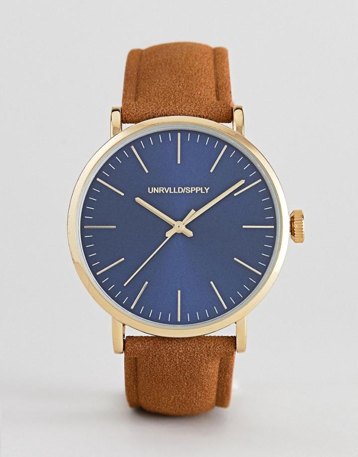 Asos Design Watch With Tan Faux Suede Strap And Contrast Navy Dial - Tan
