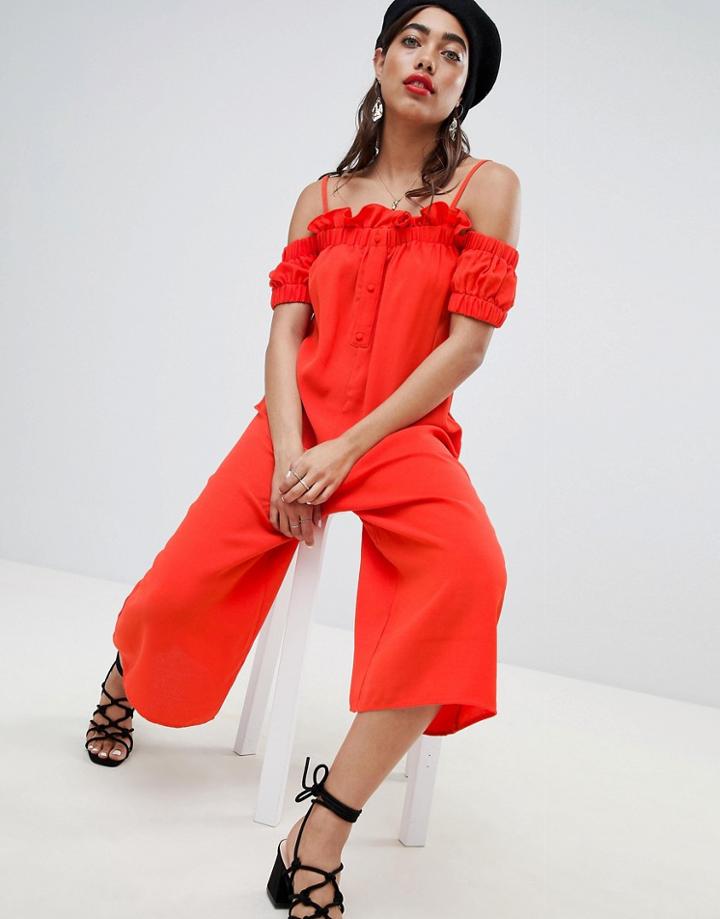 Lost Ink Cold Shoulder Jumpsuit With Button Front And Frill Trim - Orange