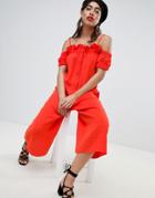 Lost Ink Cold Shoulder Jumpsuit With Button Front And Frill Trim - Orange