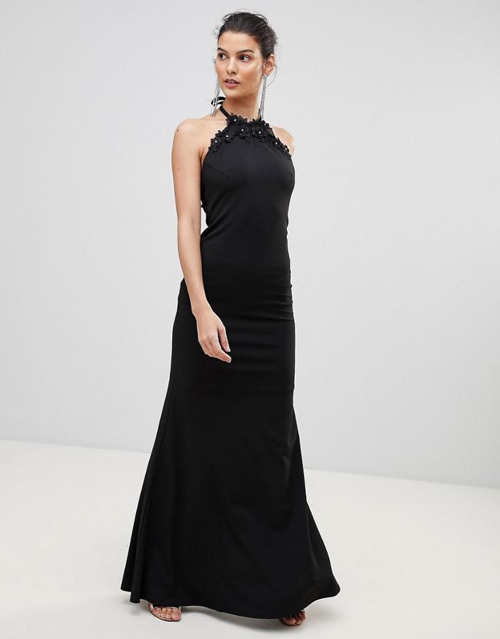 City Goddess Halter Neck Maxi Dress With Flower Detail - Black
