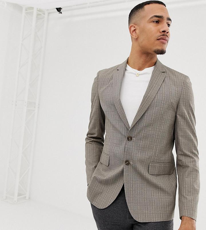 Asos Design Tall Unstructured Slim Blazer In Tan Check - Tan