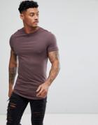 Asos Design Longline Muscle Fit T-shirt With Curve Hem In Brown - Purple