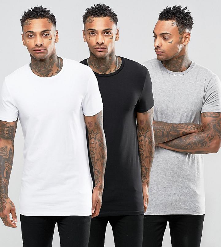 Asos 3 Pack Longline Muscle T-shirt In White/black/gray Marl Save - Multi