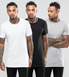 Asos 3 Pack Longline Muscle T-shirt In White/black/gray Marl Save - Multi