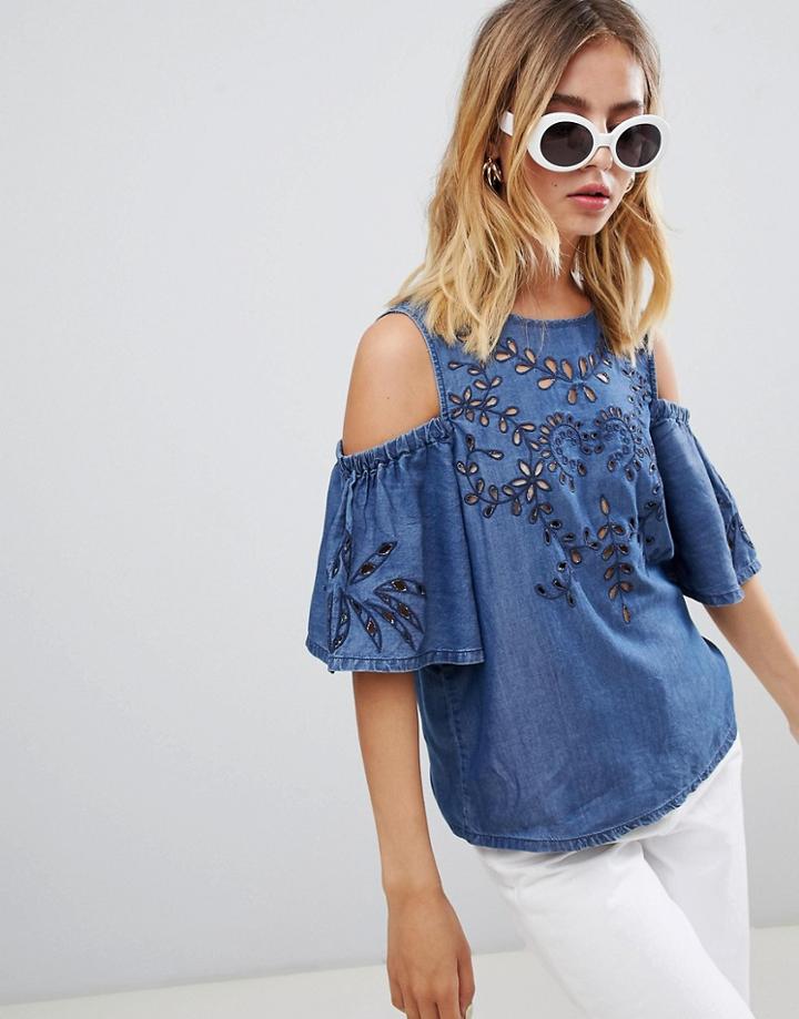 New Look Embroidered Chambray Cold Shoulder Blouse - Blue