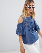New Look Embroidered Chambray Cold Shoulder Blouse - Blue