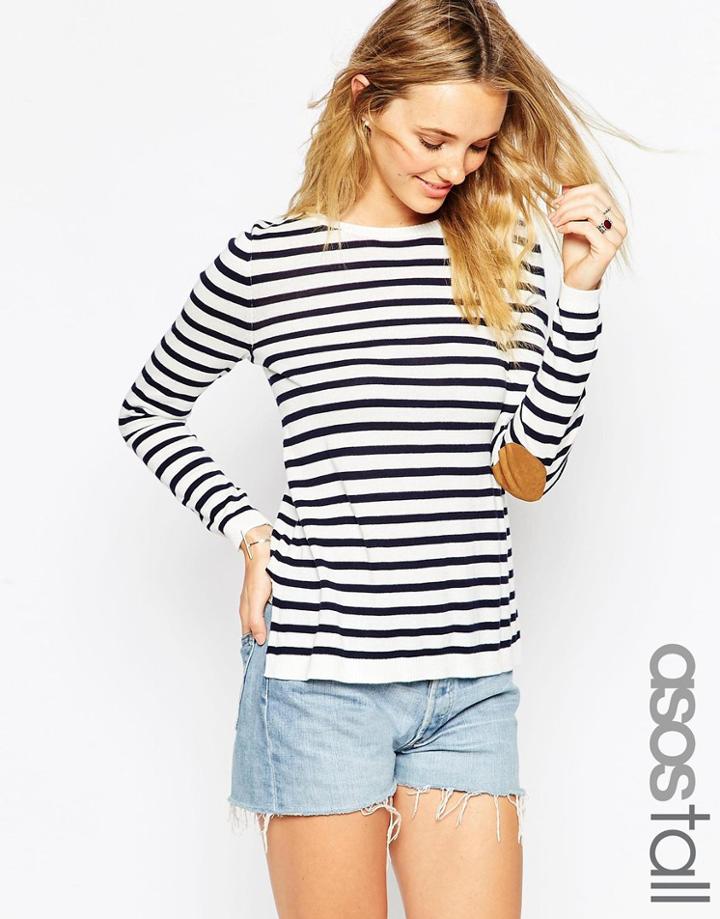 Asos Tall Sweater In Stripe With Oval Tan Suede Elbow Patch