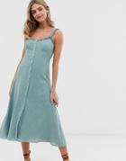 Pull & Bear Frille Detail Button Front Midi Dress In Green - Green