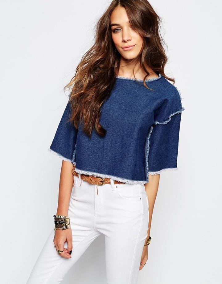 First & I Freyed Denim Crop Top - Medium Blue Denim