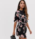 Missguided Petite Tie Front Mini Dress In Black Floral - Multi