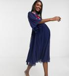 Asos Design Maternity Double Layer Pleated Embroidered Midi Dress In Navy