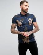 Asos Polo With All Over Floral Skull Print - Navy