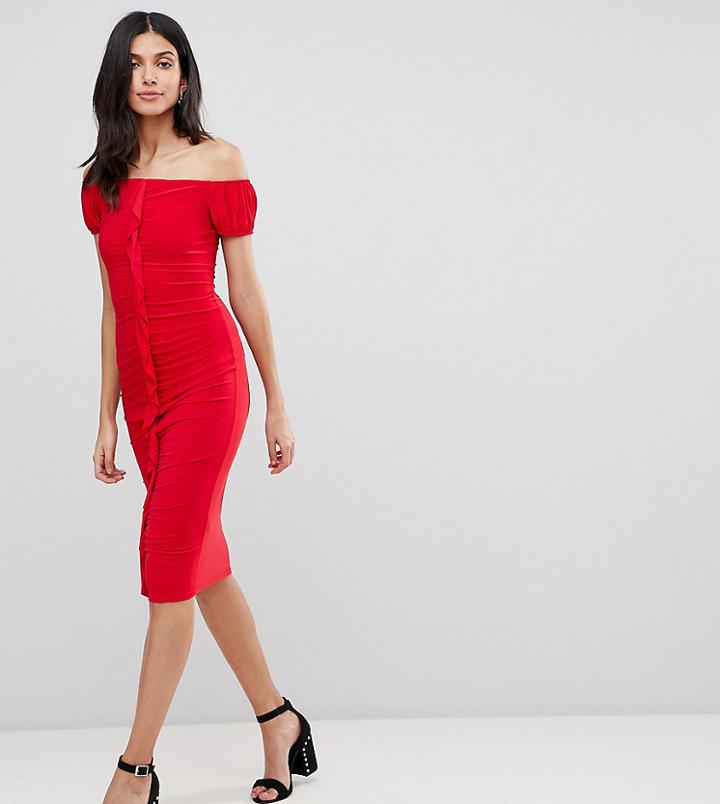 Asos Design Tall Ruffle Front Bodycon Midi Dress - Red