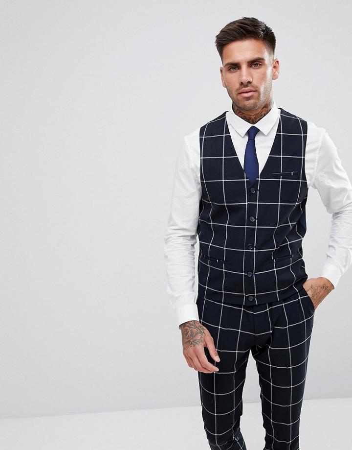 Asos Super Skinny Suit Vest In Navy With White Windowpane Check - Navy