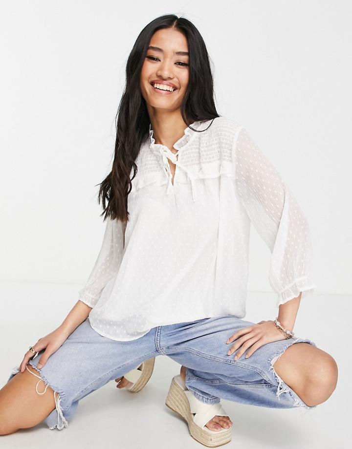 Jdy Textured Mesh Tie Neck Blouse In White