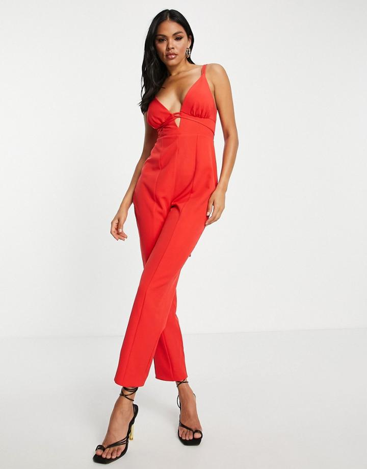 Asos Design Strappy Plunge Peg Leg Jumpsuit In Red