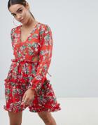 Missguided Floral And Ruffle Open Back Skater Dress - Red