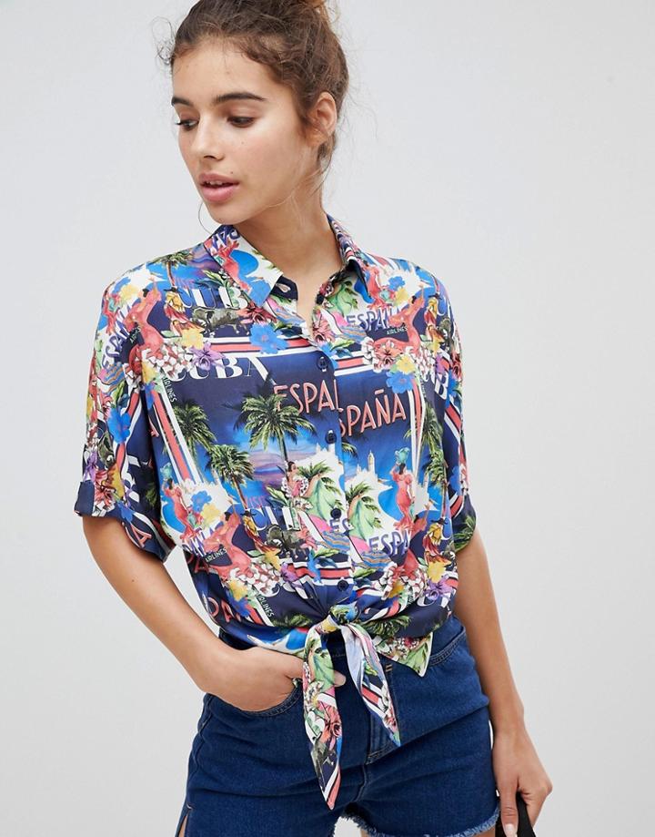 Asos Design Tie Front Shirt In Espana Print - Multi