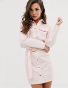 Asos Design Casual Popper Mini Shirt Dress With Belt-pink