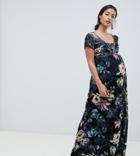 Little Mistress Maternity Cap Sleeve Maxi Dress In Dark Floral Print-multi