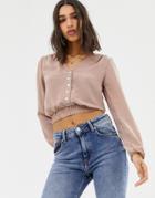 Love Long Sleeve Cropped Top With Button Front Detail - Cream