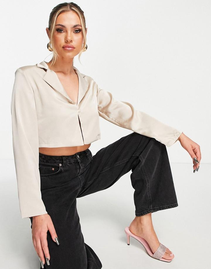 Femme Luxe Satin Clasp Detail Shirt In Beige-neutral