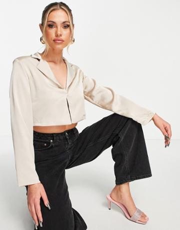 Femme Luxe Satin Clasp Detail Shirt In Beige-neutral