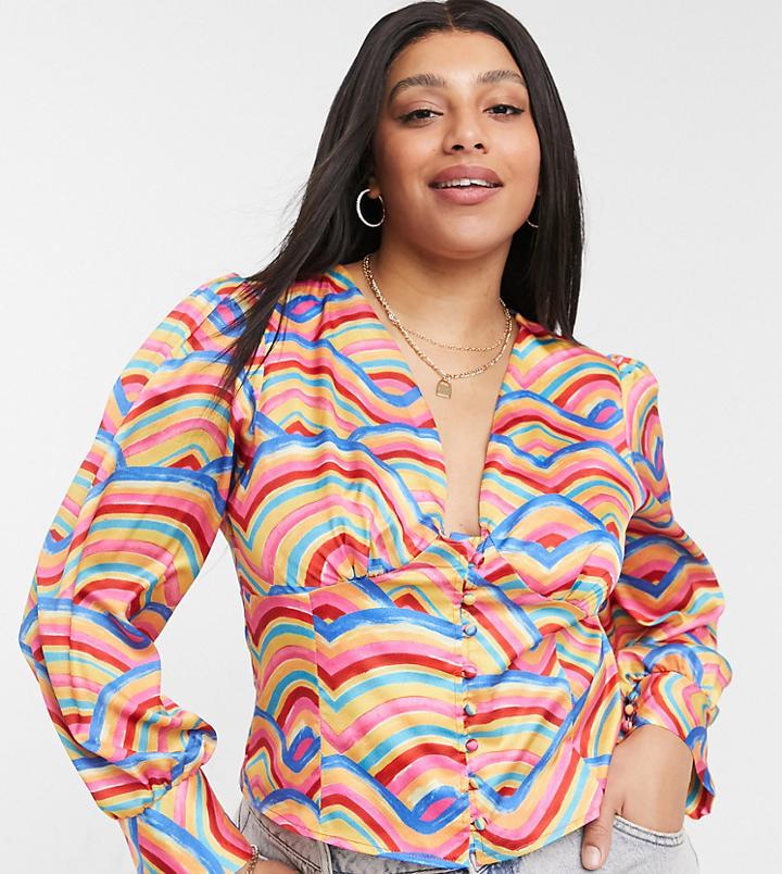 Never Fully Dressed Plus Button Detail Blouse Set In Rainbow Tile Print-multi