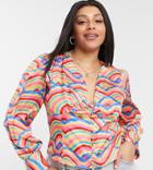 Never Fully Dressed Plus Button Detail Blouse Set In Rainbow Tile Print-multi