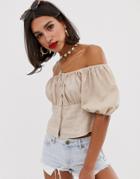 Asos Design Off Shoulder Top With Button Detail In Linen - White