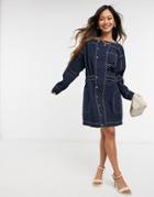 Derek Lam 10 Crosby Asymmetric Contrast Stitch Mini Dress In Blue-blues