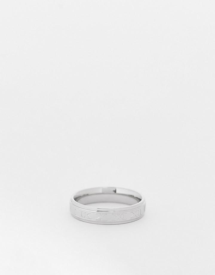 Asos Design Waterproof Stainless Steel Band Ring With Roman Numerals Design In Silver Tone