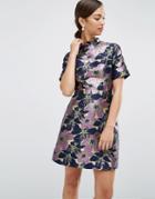 Asos High Neck Mini Dress In Floral Jacquard - Multi