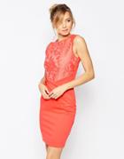 Little Mistress Midi Pencil Dress With Lace Top - Coral