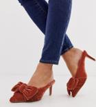 Asos Design Wide Fit Wonder Pointed Mid-heeled Bow Mules In Rust Velvet - Orange