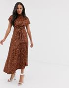 Asos Design Cowl Neck Tie Waist Midi Dress In Tortoiseshell Print - Multi