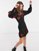 Asos Design Shirred Mini Dress With All-over Rose Embroidery In Black