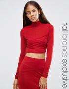 Naanaa Tall Long Sleeve Paneled Crop Top - Red